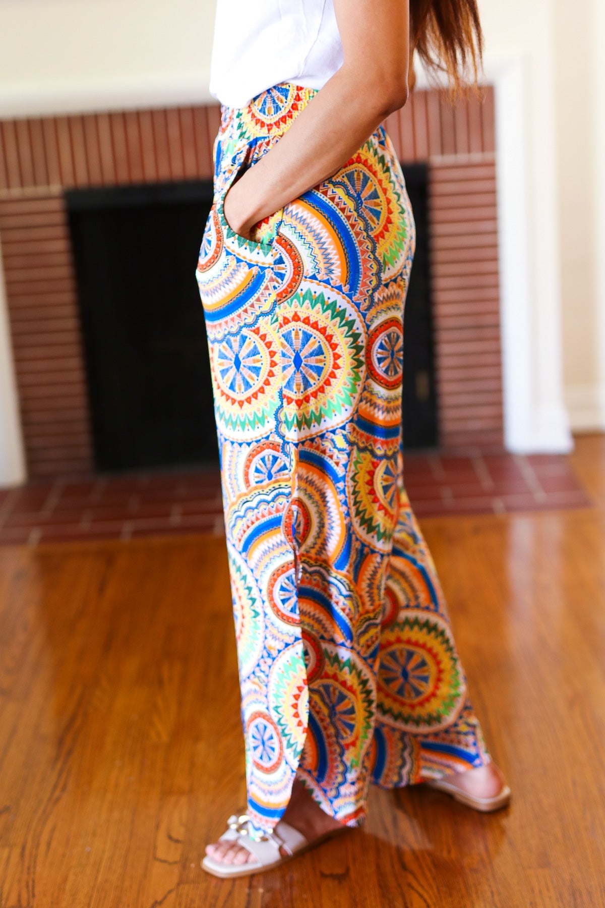 Multicolor Mandala Smocked Waist Side Slit Palazzo Pants - Sybaritic Bags & Clothing