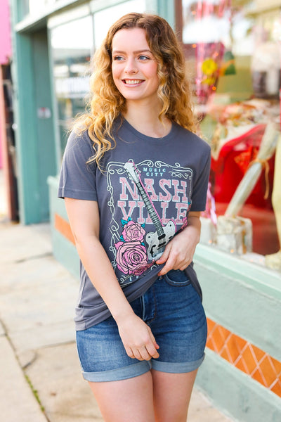 Grey Cotton NASHVILLE Tennessee Graphic Tee - Sybaritic Bags & Clothing