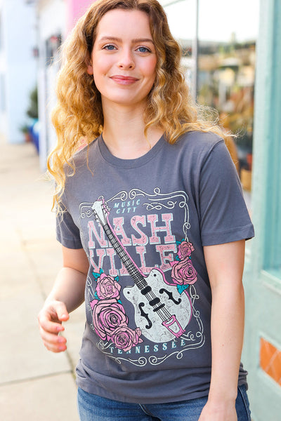 Grey Cotton NASHVILLE Tennessee Graphic Tee - Sybaritic Bags & Clothing