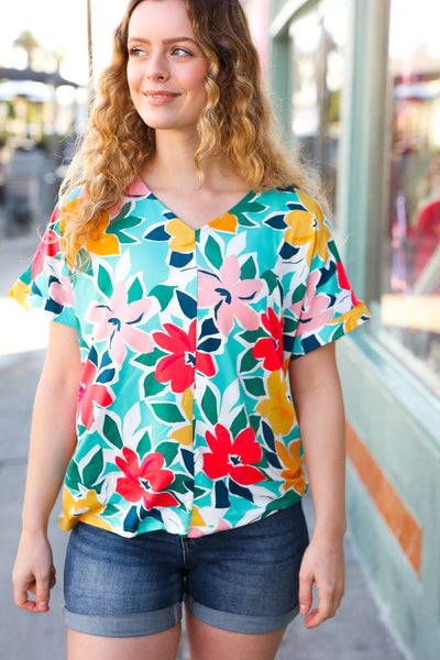 Teal & Coral Flat Floral V Neck Top - Sybaritic Bags & Clothing