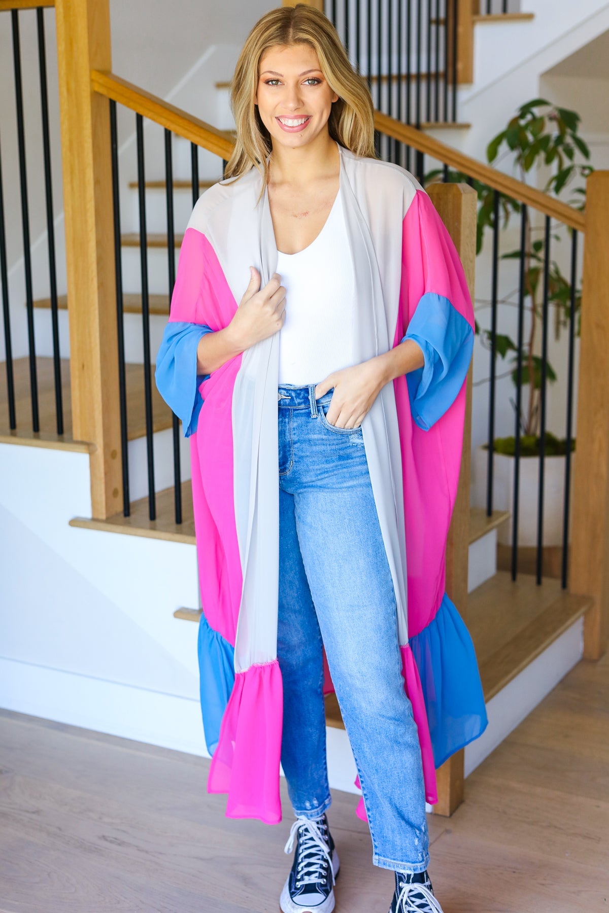 Feel Your Best Taupe & Fuchsia Color Block Ruffle Hem Kimono - Sybaritic Bags & Clothing