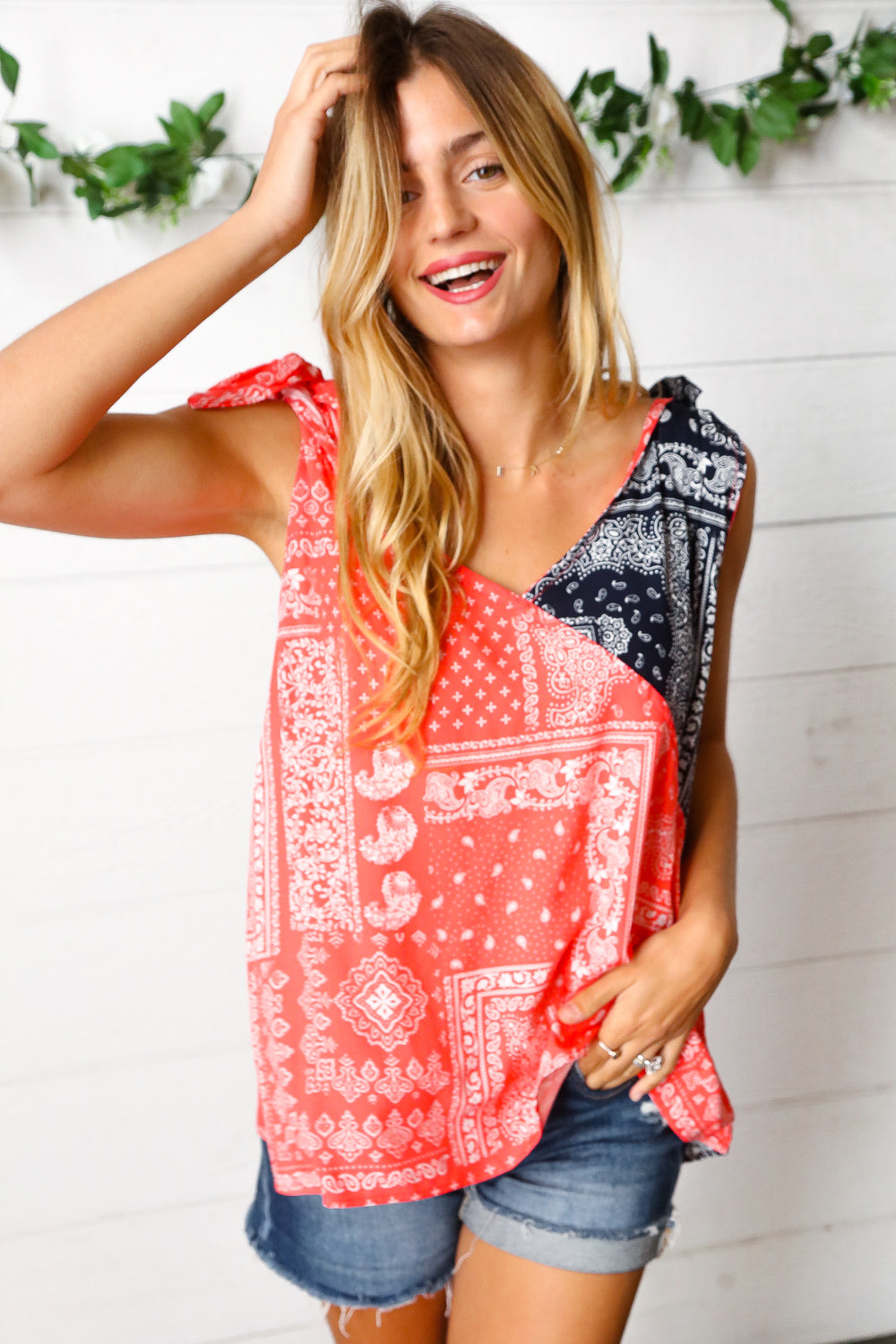 Coral & Navy Paisley Shoulder Tie Top - Sybaritic Bags & Clothing