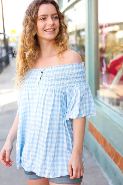 Blue Gingham Smocked Button Off Shoulder Top - Sybaritic Bags & Clothing