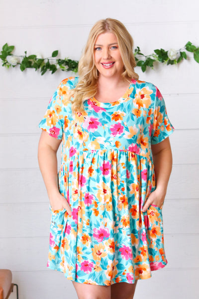 Teal & Magenta Floral Babydoll Fit and Flare Dress - Sybaritic Bags & Clothing