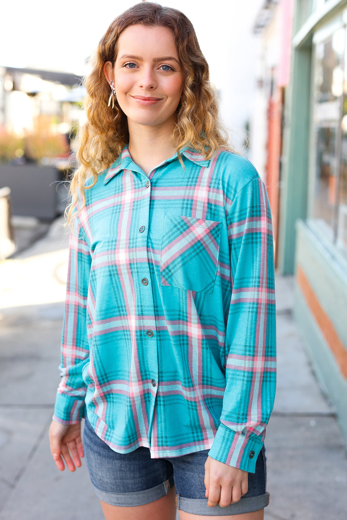 Teal & Pink Plaid Front Pocket Button Down Shacket - Sybaritic Bags & Clothing