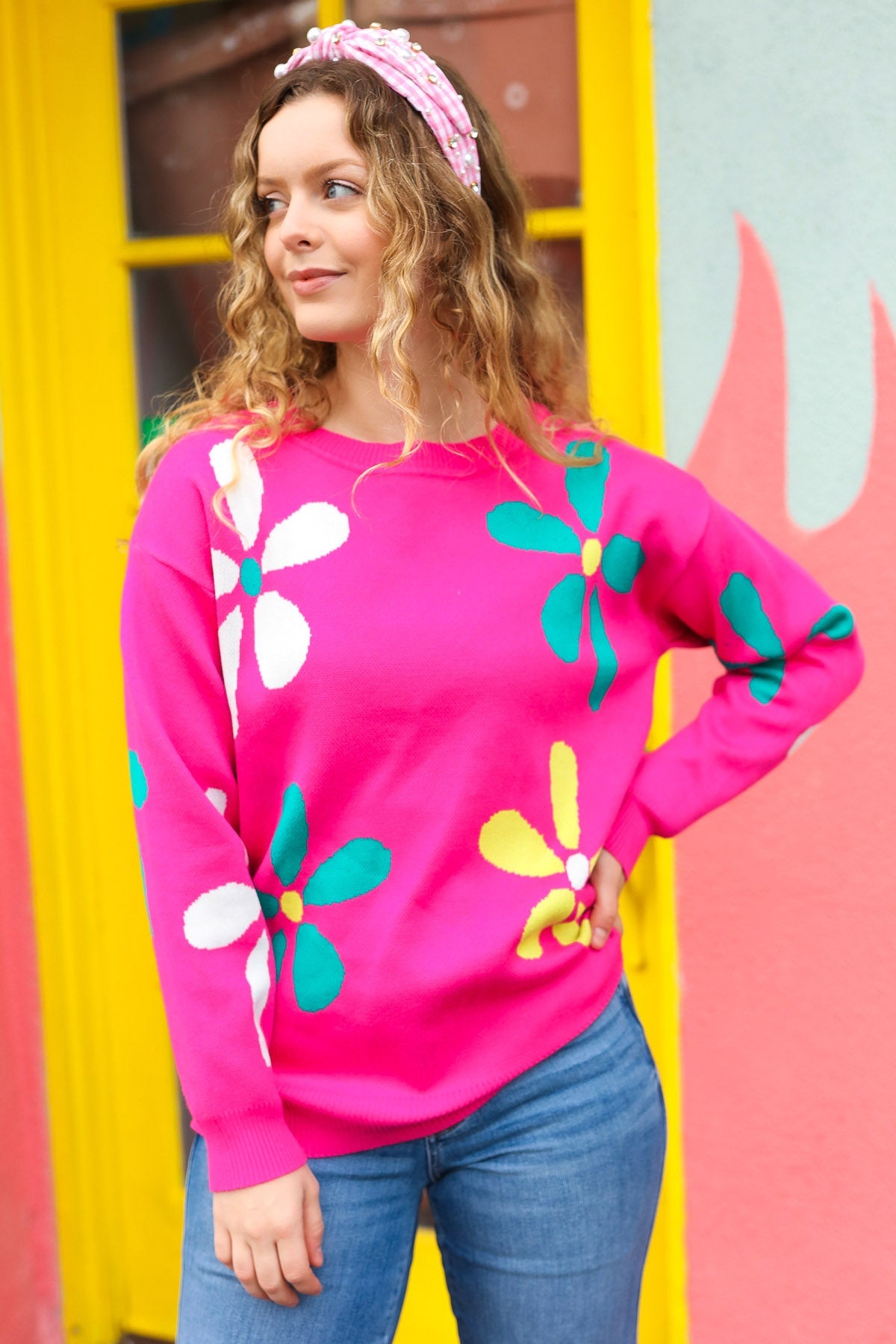 Flower Power Hot Pink Daisy Jacquard Pullover Sweater - Sybaritic Bags & Clothing