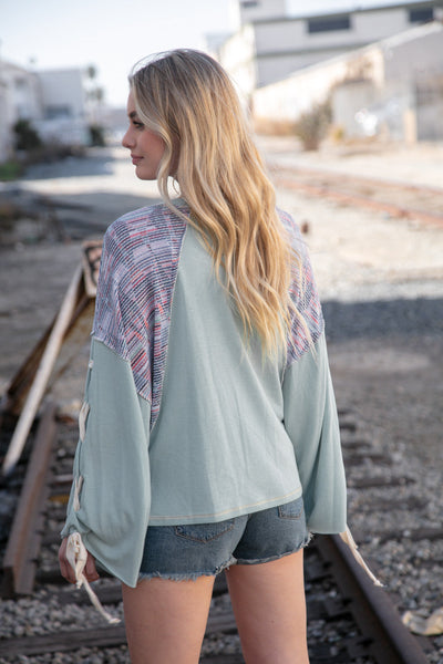 Mint Lace Up Long Sleeve French Terry Oversized Pullover - Sybaritic Bags & Clothing