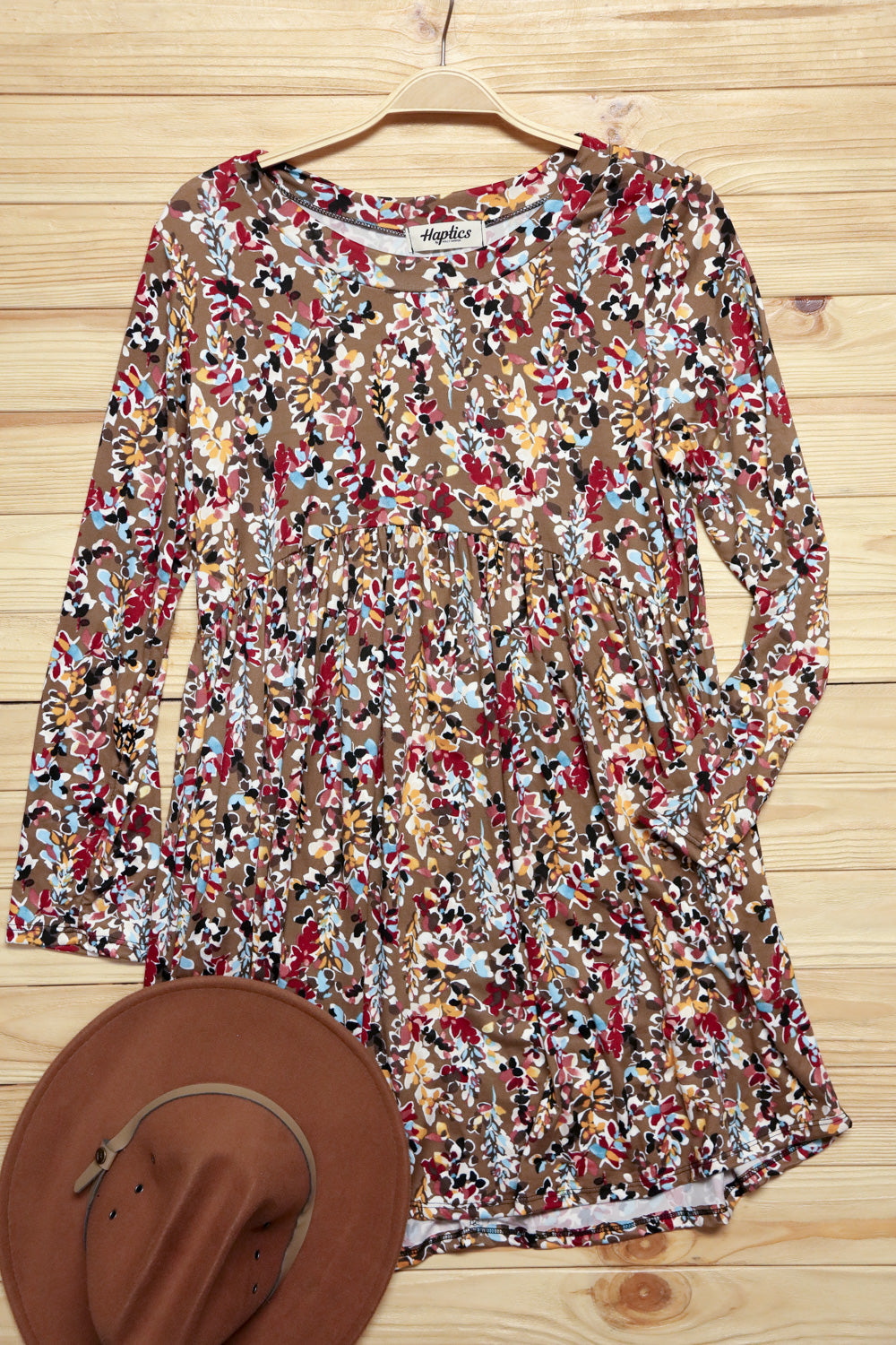 Taupe & Maroon Floral Long Sleeve Babydoll Dress - Sybaritic Bags & Clothing