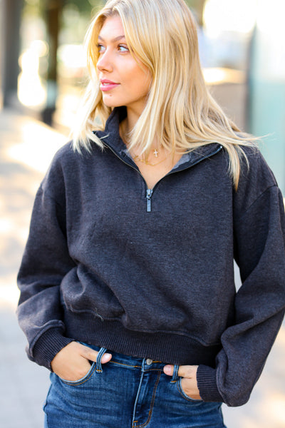 Dark Grey Half Zip Cropped Pullover Sweater - Sybaritic Bags & Clothing