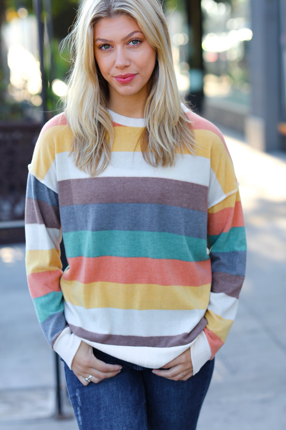 Teal & Mustard Stripe Hacci Outseam Sweater Top - Sybaritic Bags & Clothing