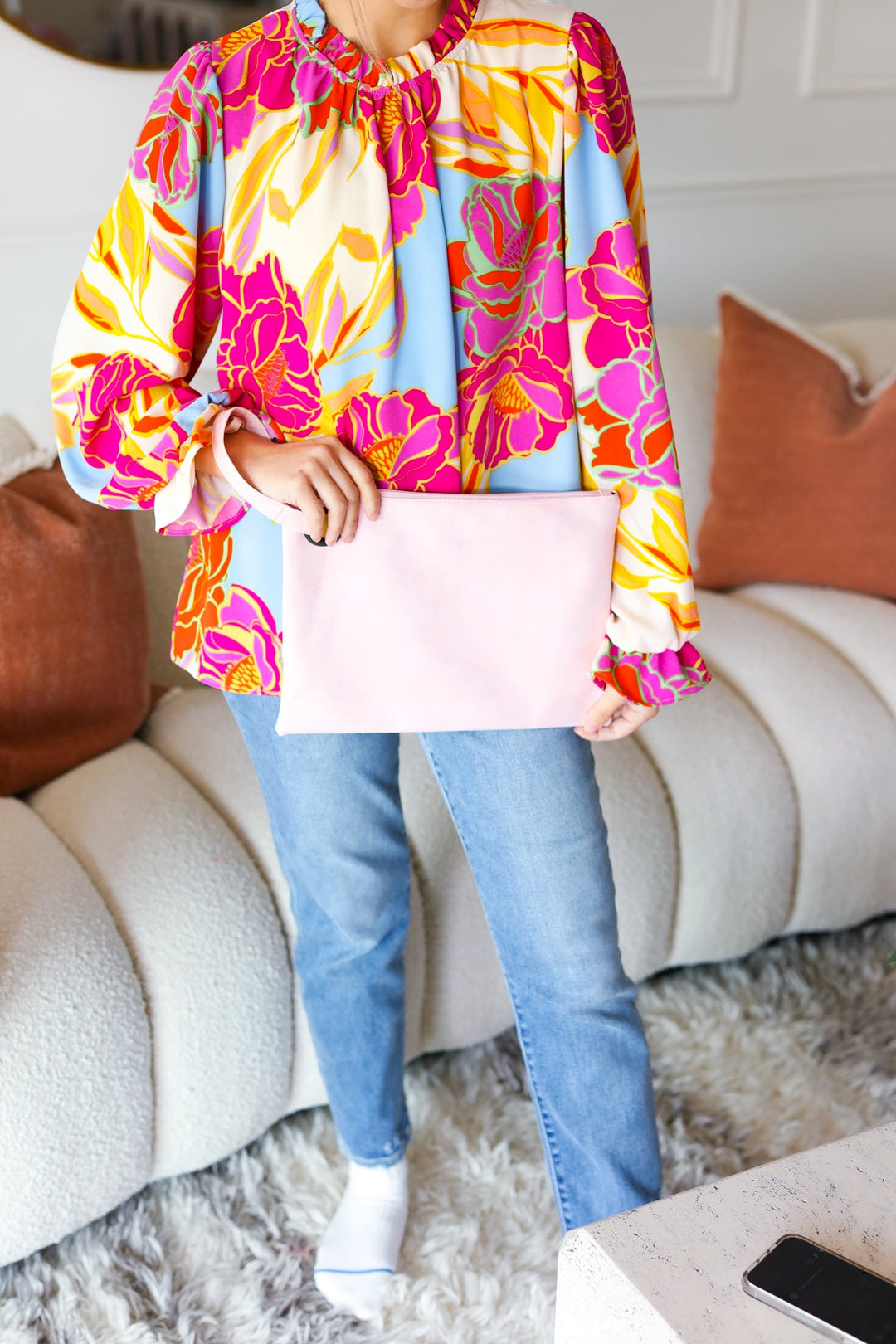 Blush Faux Leather Handle Zipper Clutch