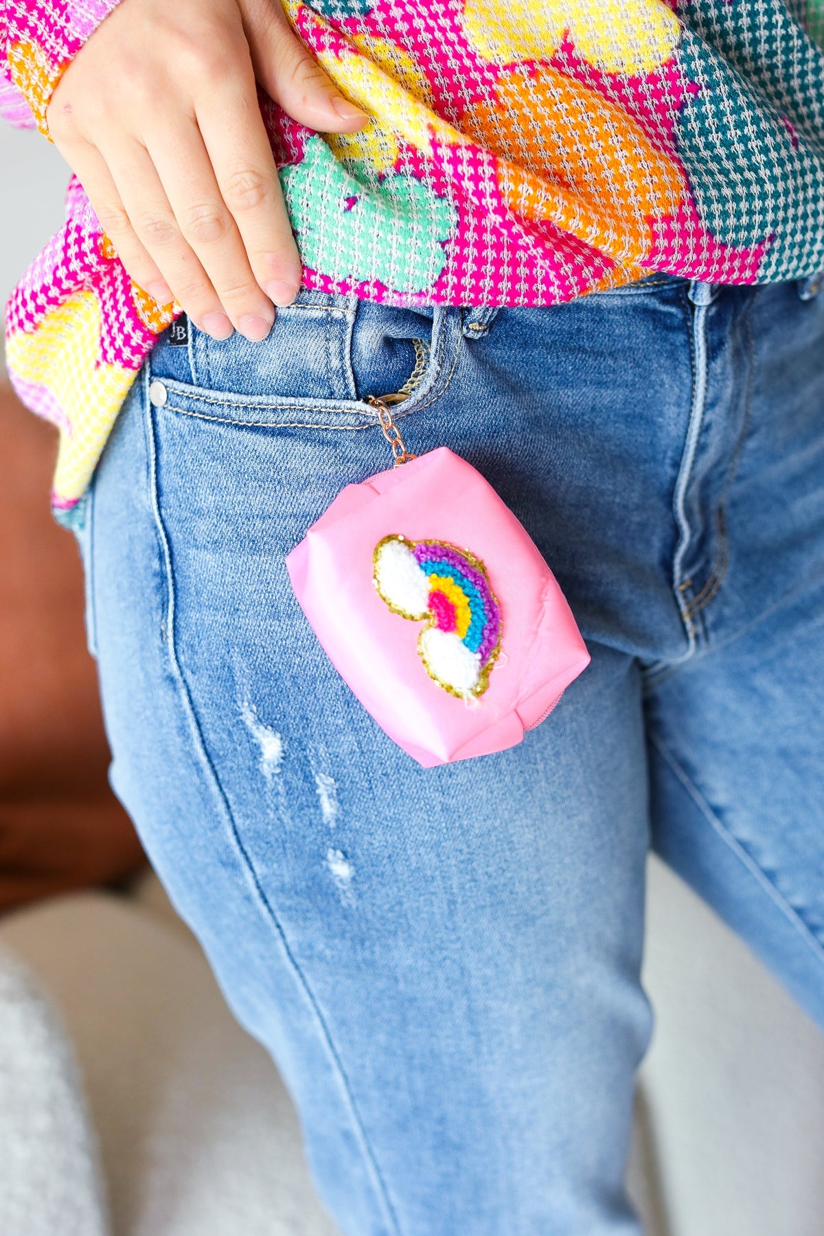Bubblegum Pink Rainbow Patch Coin Purse Keychain - Sybaritic Bags & Clothing