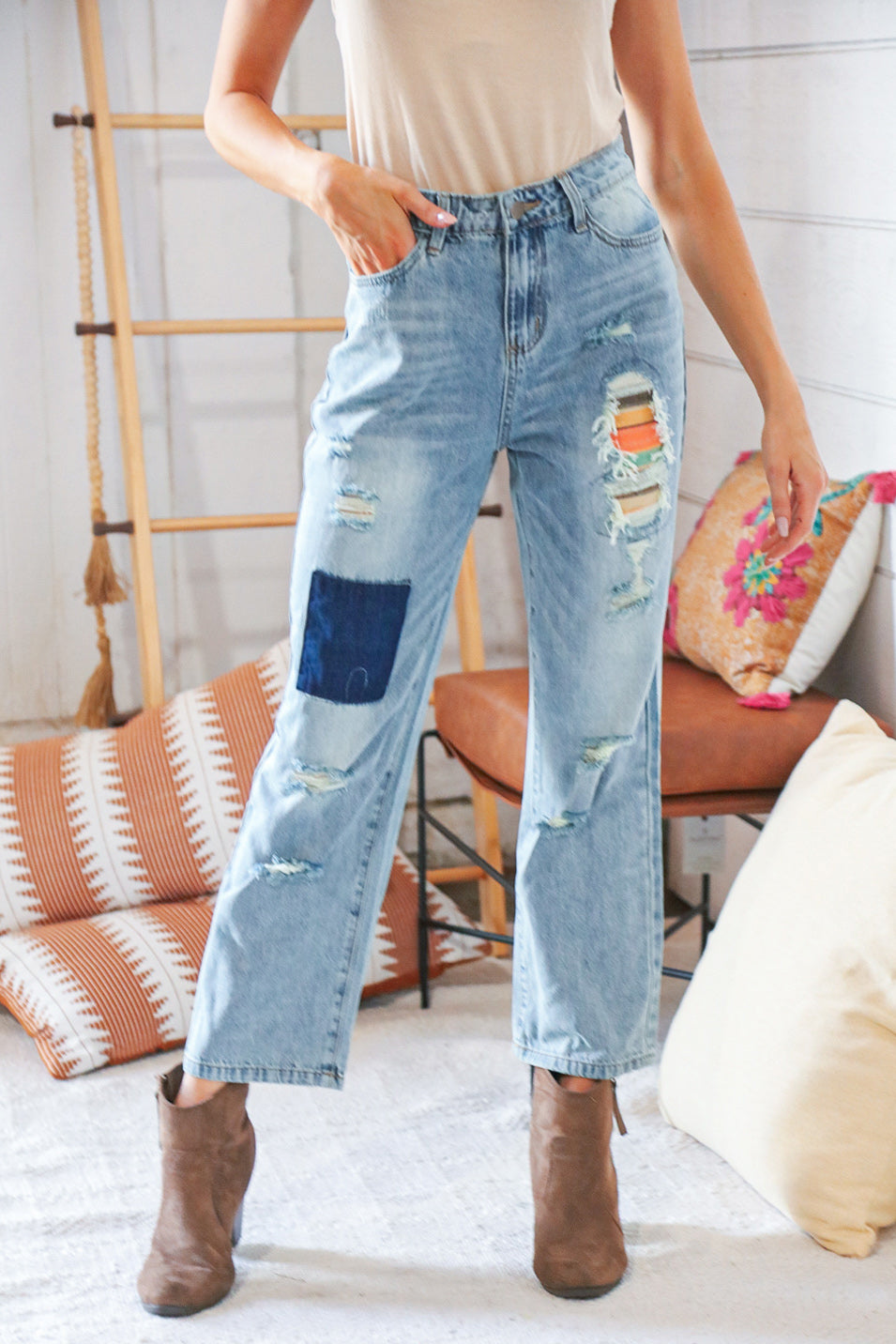 Cotton Washed High Waist Ripped Patchwork Straight Leg Jeans - Sybaritic Bags & Clothing