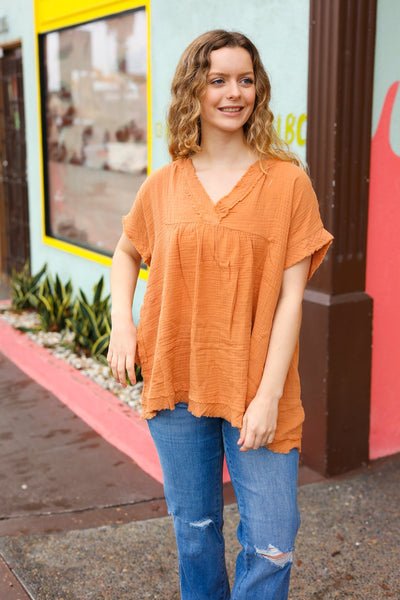 Tangerine Cotton Banded V Neck Frayed Pocketed Top - Sybaritic Bags & Clothing