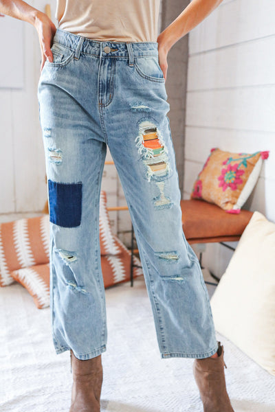 Cotton Washed High Waist Ripped Patchwork Straight Leg Jeans - Sybaritic Bags & Clothing