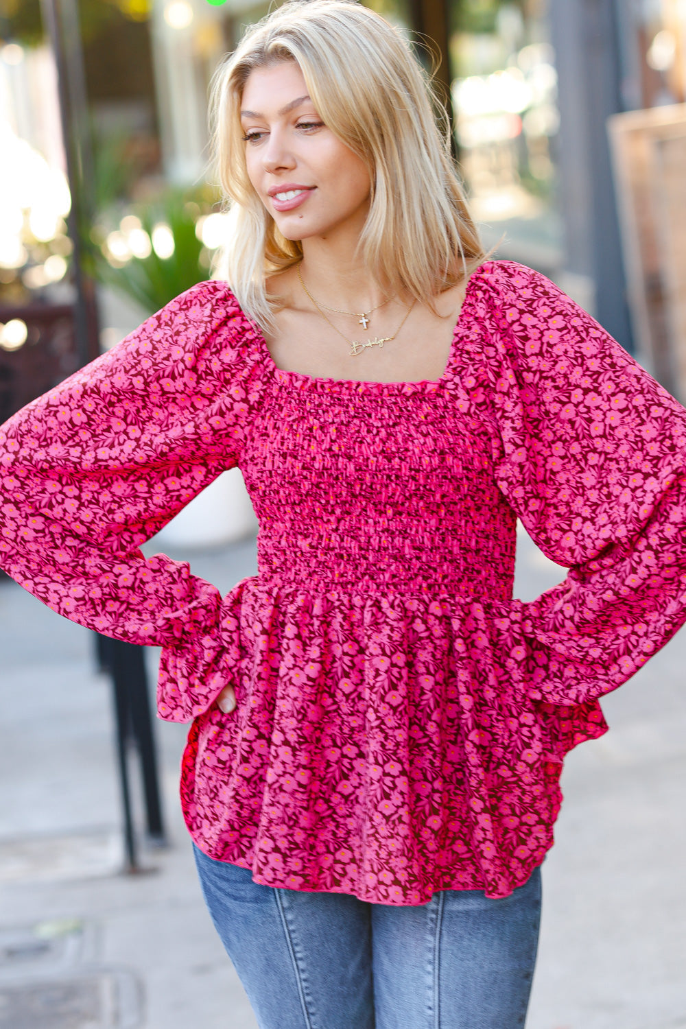 Always With You Fuchsia Smocked Ditzy Floral Ruffle Top - Sybaritic Bags & Clothing