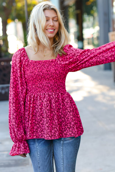 Always With You Fuchsia Smocked Ditzy Floral Ruffle Top - Sybaritic Bags & Clothing