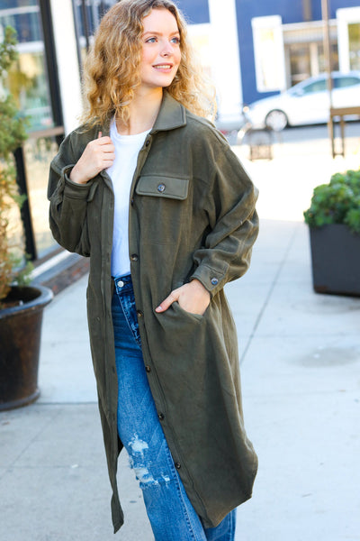 On Your Terms Olive Fleece Button Down Duster Jacket - Sybaritic Bags & Clothing