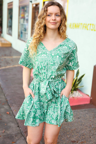 Sage Green Boho Surplice Pocketed Romper - Sybaritic Bags & Clothing