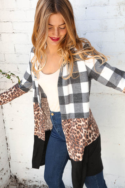 Brushed Hacci Plaid Leopard Color Block Cardigan - Sybaritic Bags & Clothing