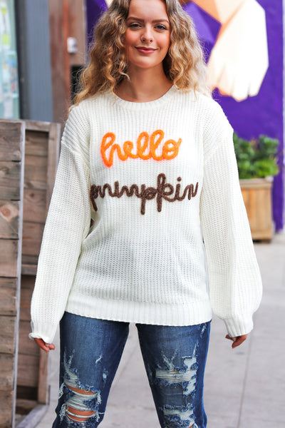 Spotlight Lurex Embroidered Neon "Hello Pumpkin" Chunky Sweater - Sybaritic Bags & Clothing
