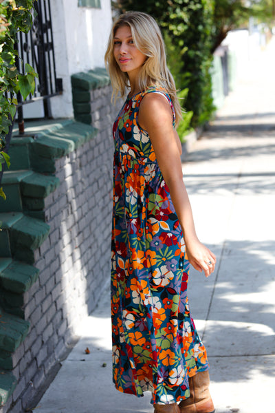 Teal & Maroon Flat Floral  Fit and Flare Sleeveless Maxi Dress - Sybaritic Bags & Clothing