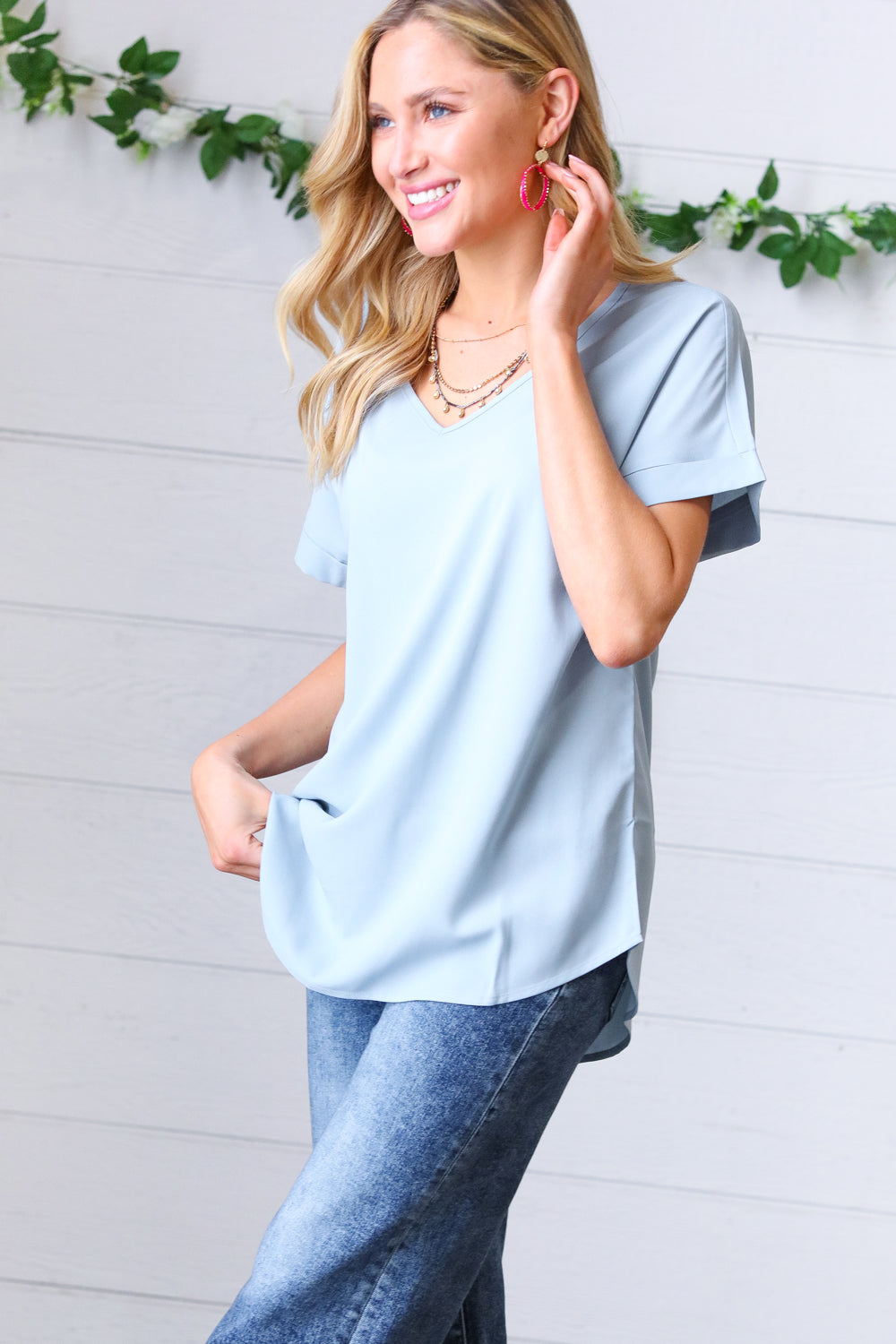 Ash Blue Wool Dobby Rolled Sleeve V Neck Top - Sybaritic Bags & Clothing