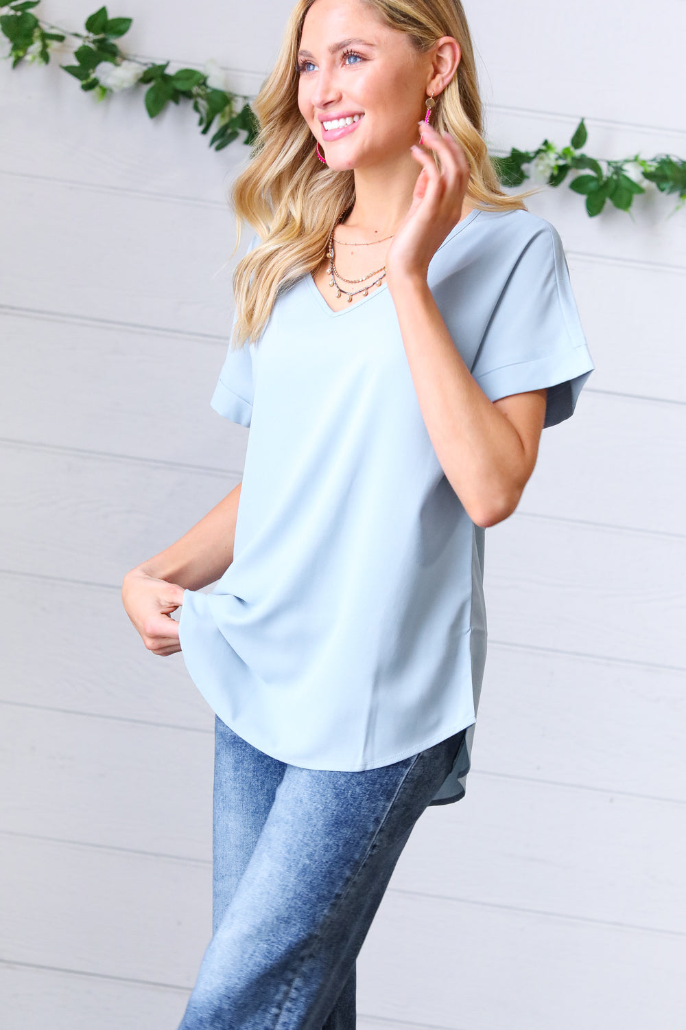 Ash Blue Wool Dobby Rolled Sleeve V Neck Top - Sybaritic Bags & Clothing