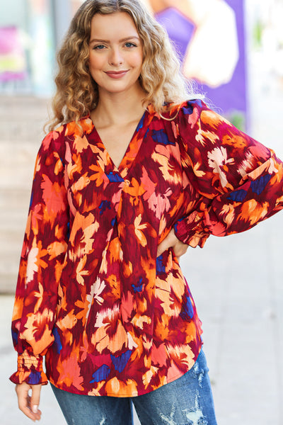 Face The Day Burgundy Floral Abstract Print V Neck Smocked Top - Sybaritic Bags & Clothing