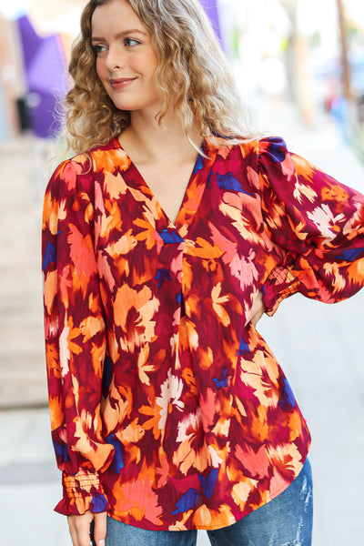Face The Day Burgundy Floral Abstract Print V Neck Smocked Top - Sybaritic Bags & Clothing