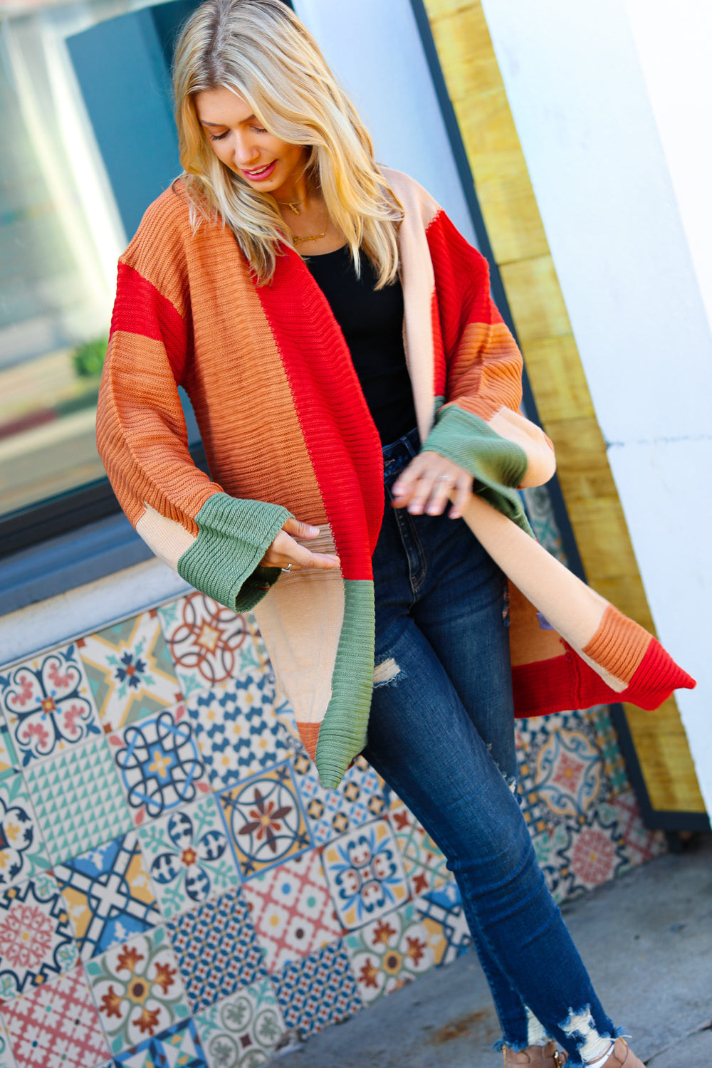 Latte Ready Rust & Taupe Color Block Open Knit Cardigan - Sybaritic Bags & Clothing