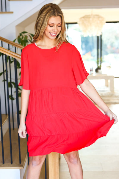 Feeling Bold Red Woven Panel Tiered Fluter Sleeve Dress - Sybaritic Bags & Clothing