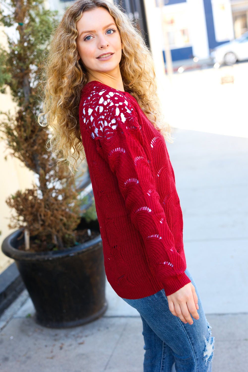 Feeling Fun Burgundy Pointelle Lace Shoulder Knit Sweater - Sybaritic Bags & Clothing