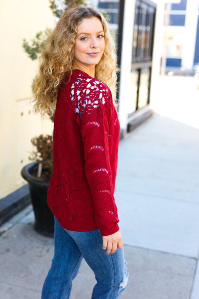 Feeling Fun Burgundy Pointelle Lace Shoulder Knit Sweater - Sybaritic Bags & Clothing