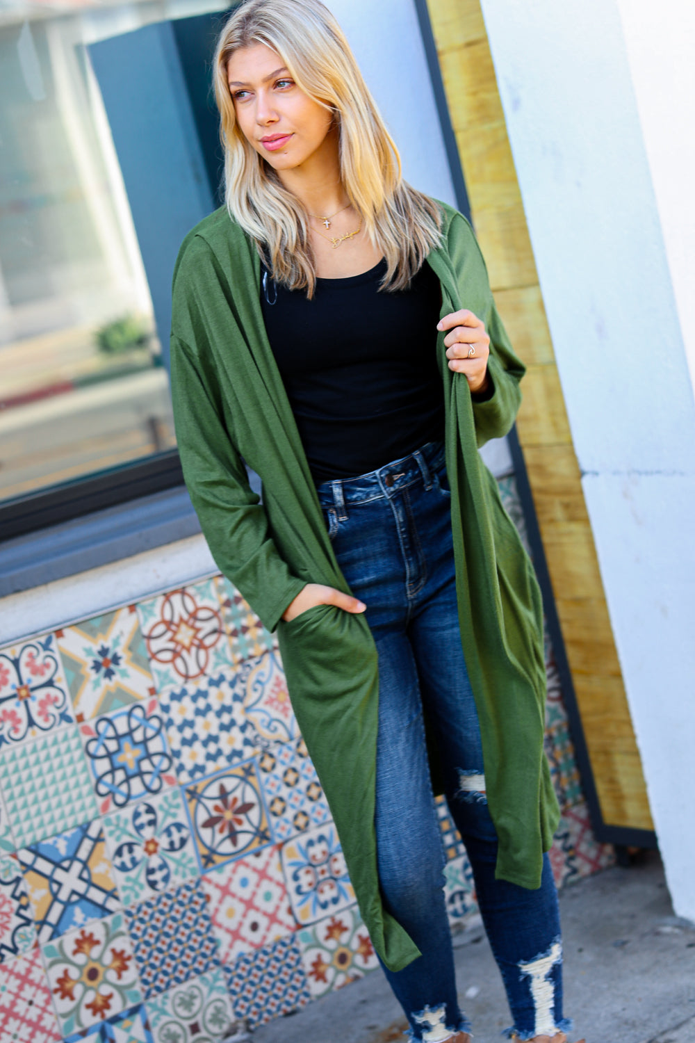 Over The Moon Olive Hacci Midi Open Cardigan - Sybaritic Bags & Clothing