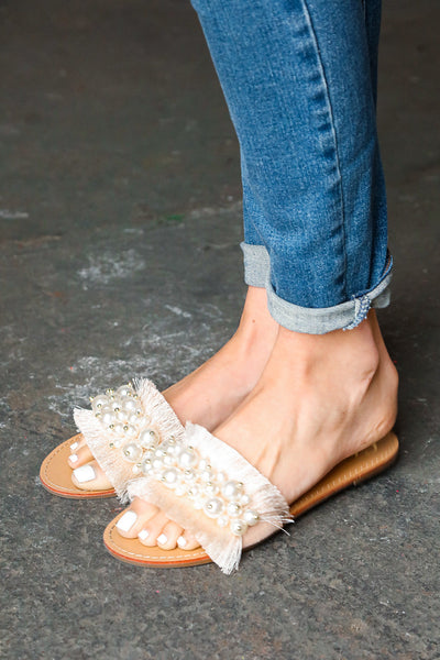 Blush Linen Fray Beaded Faux Pearl Slide Sandal - Sybaritic Bags & Clothing