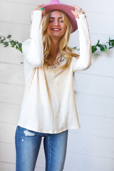 Cream Rib Lace V Neck Button Detail Top - Sybaritic Bags & Clothing