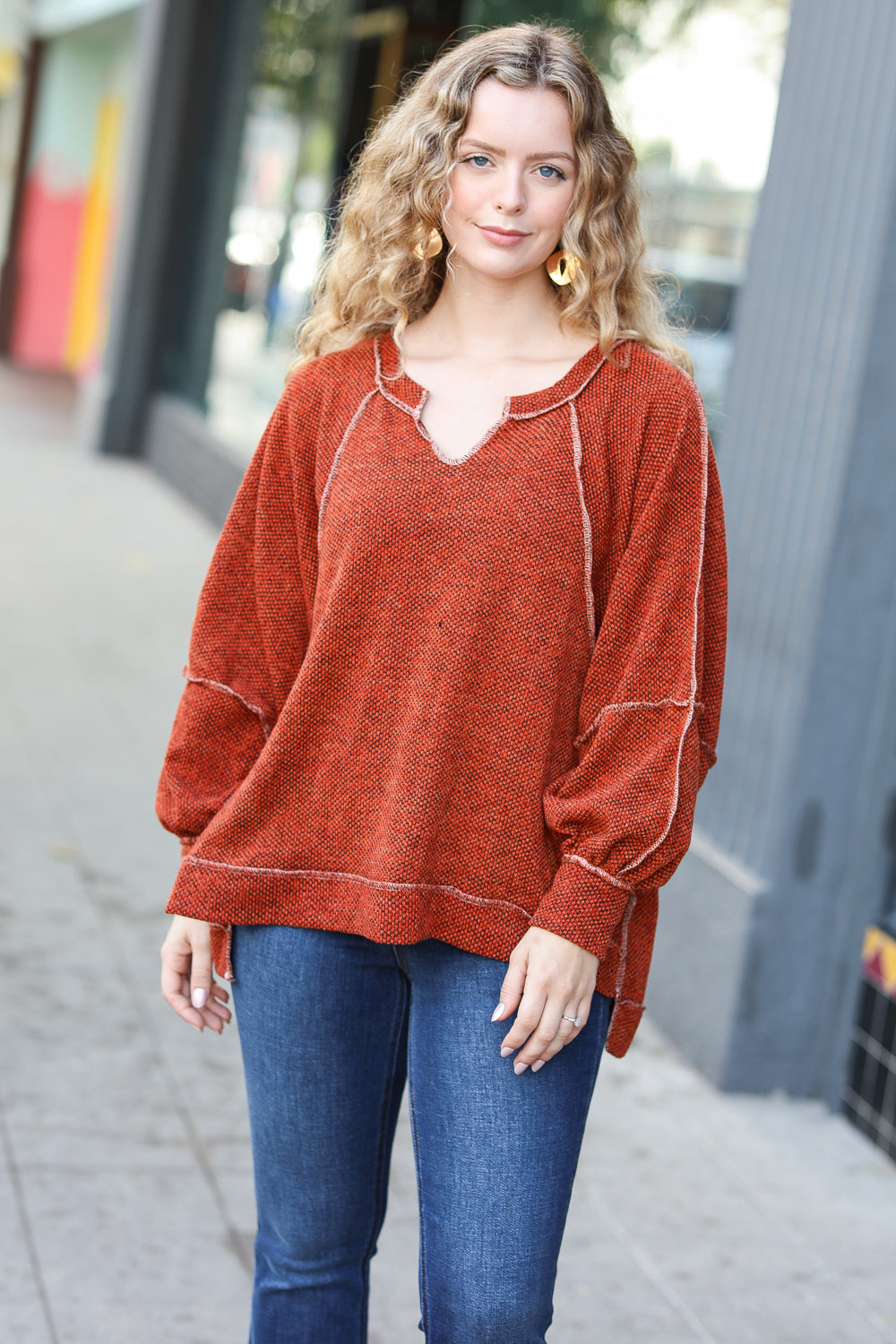 The Slouchy Rust Two Tone Knit Notched Raglan Top - Sybaritic Bags & Clothing