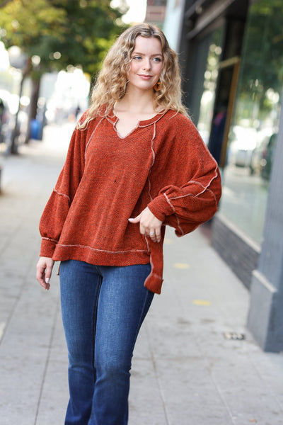 The Slouchy Rust Two Tone Knit Notched Raglan Top - Sybaritic Bags & Clothing