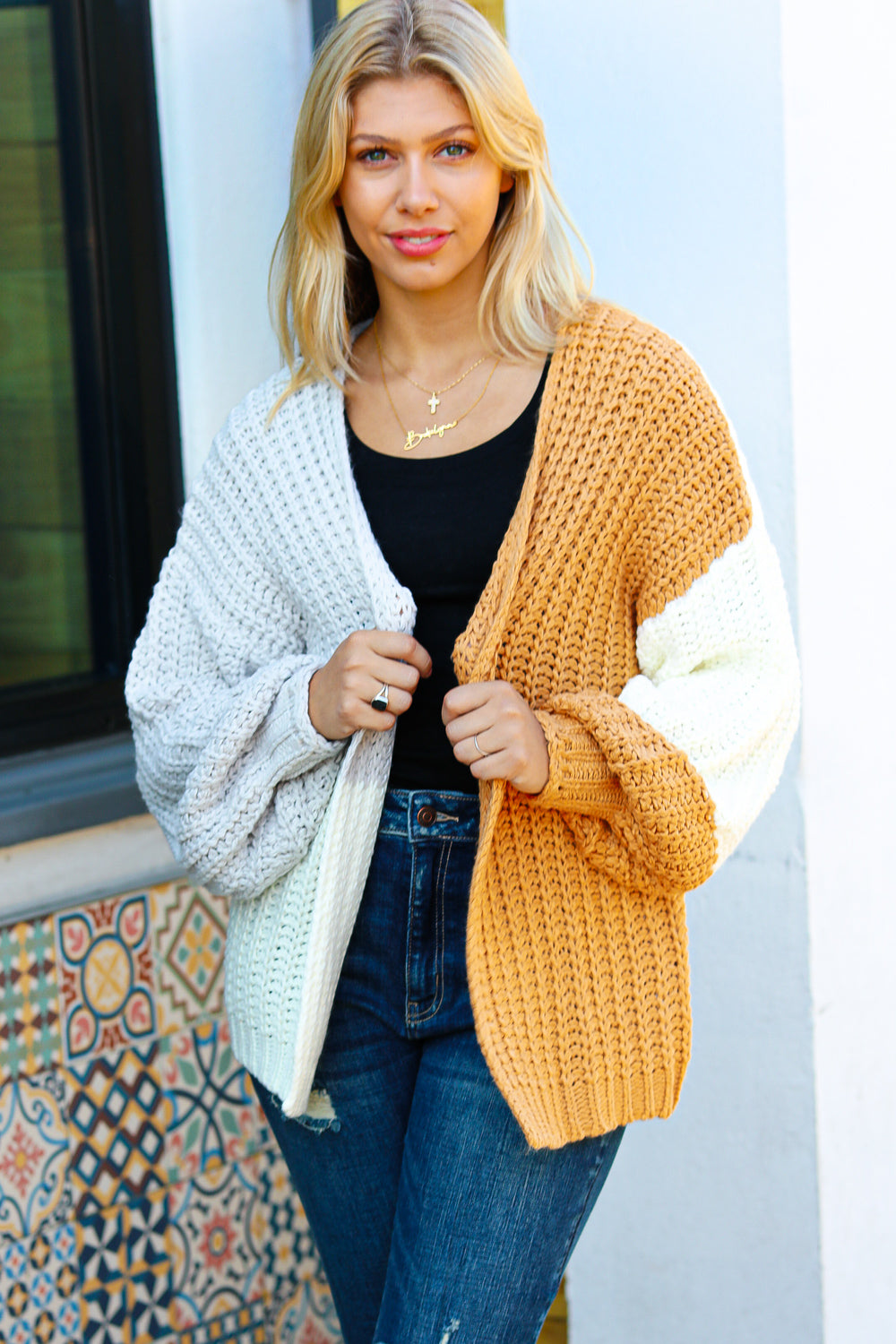 Face The Day Camel Color Block Chunky Knit Cardigan - Sybaritic Bags & Clothing