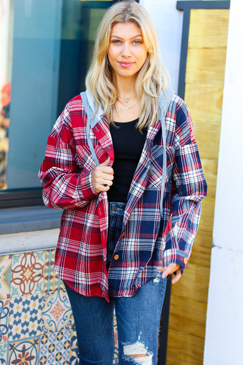 Face the Day Red/Navy Plaid Color Block Hoodie Shacket - Sybaritic Bags & Clothing
