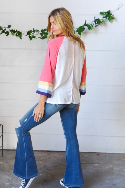 Pink Pointelle Color Block Wide Sleeve Pullover - Sybaritic Bags & Clothing