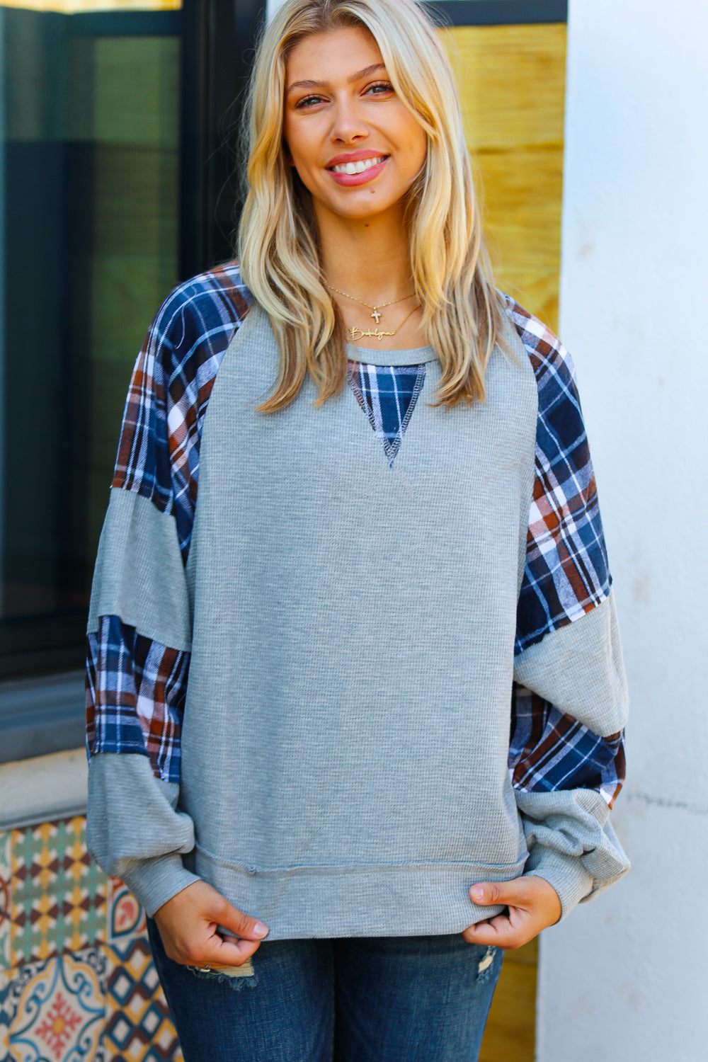 Face The Day Grey/Navy Plaid Thermal Raglan Pullover - Sybaritic Bags & Clothing
