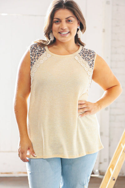 Tan Leopard Crochet Waffle Banded Sleeve Top - Sybaritic Bags & Clothing