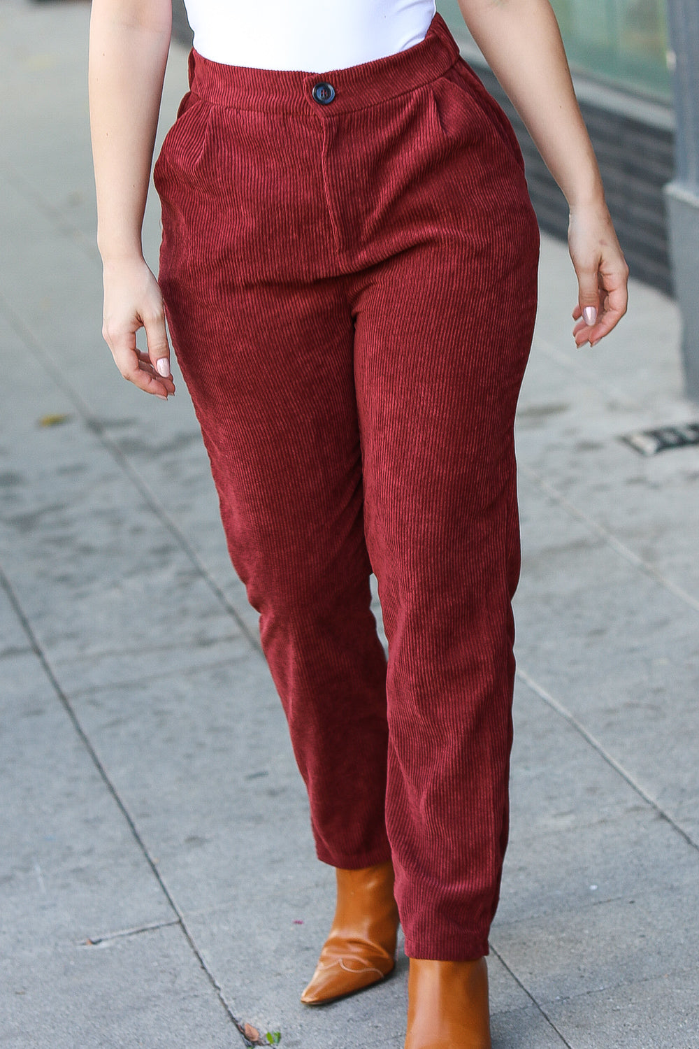 Going Your Way Burgundy Corduroy High Rise Tapered Pants - Sybaritic Bags & Clothing