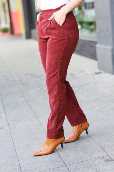 Going Your Way Burgundy Corduroy High Rise Tapered Pants - Sybaritic Bags & Clothing