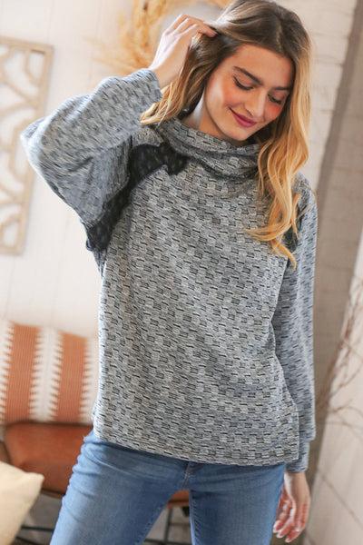 Grey Turtleneck Textured Jacquard Sweater Top - Sybaritic Bags & Clothing