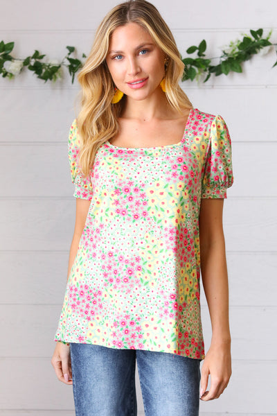 Canary/Mint Floral Square Neck Bubble Sleeve Top - Sybaritic Bags & Clothing