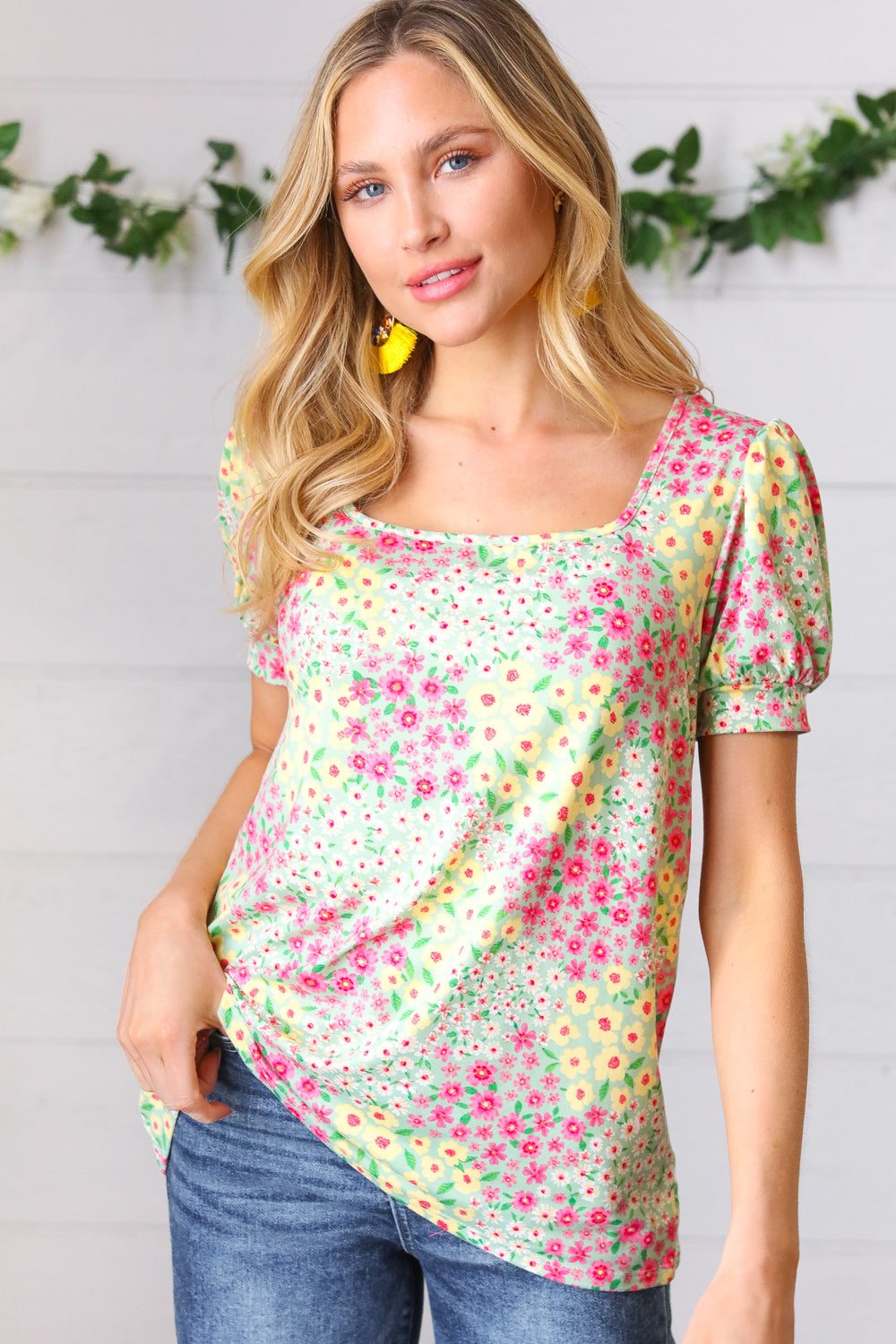 Canary/Mint Floral Square Neck Bubble Sleeve Top - Sybaritic Bags & Clothing
