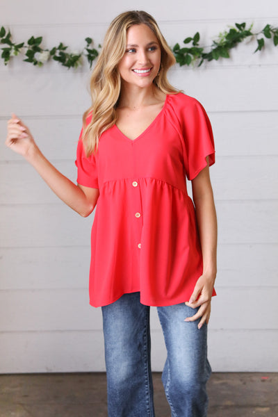 Cherry Red Babydoll Button Down Raglan Woven Top - Sybaritic Bags & Clothing